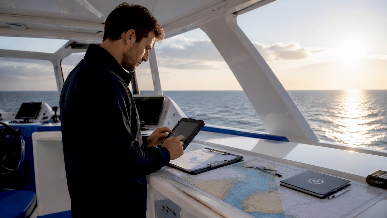 Mariner hands operating tablet for maritime internet system