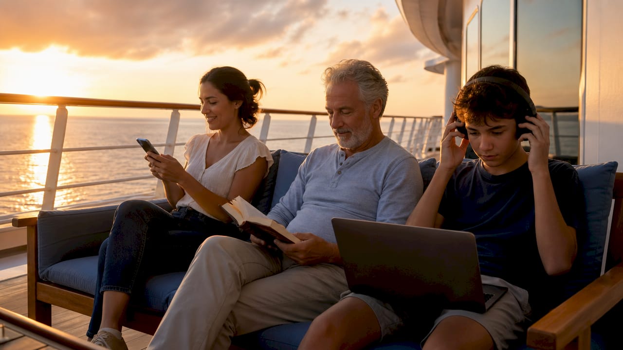 Viajeros disfrutando de sus dispositivos electrónicos en la cubierta de un crucero