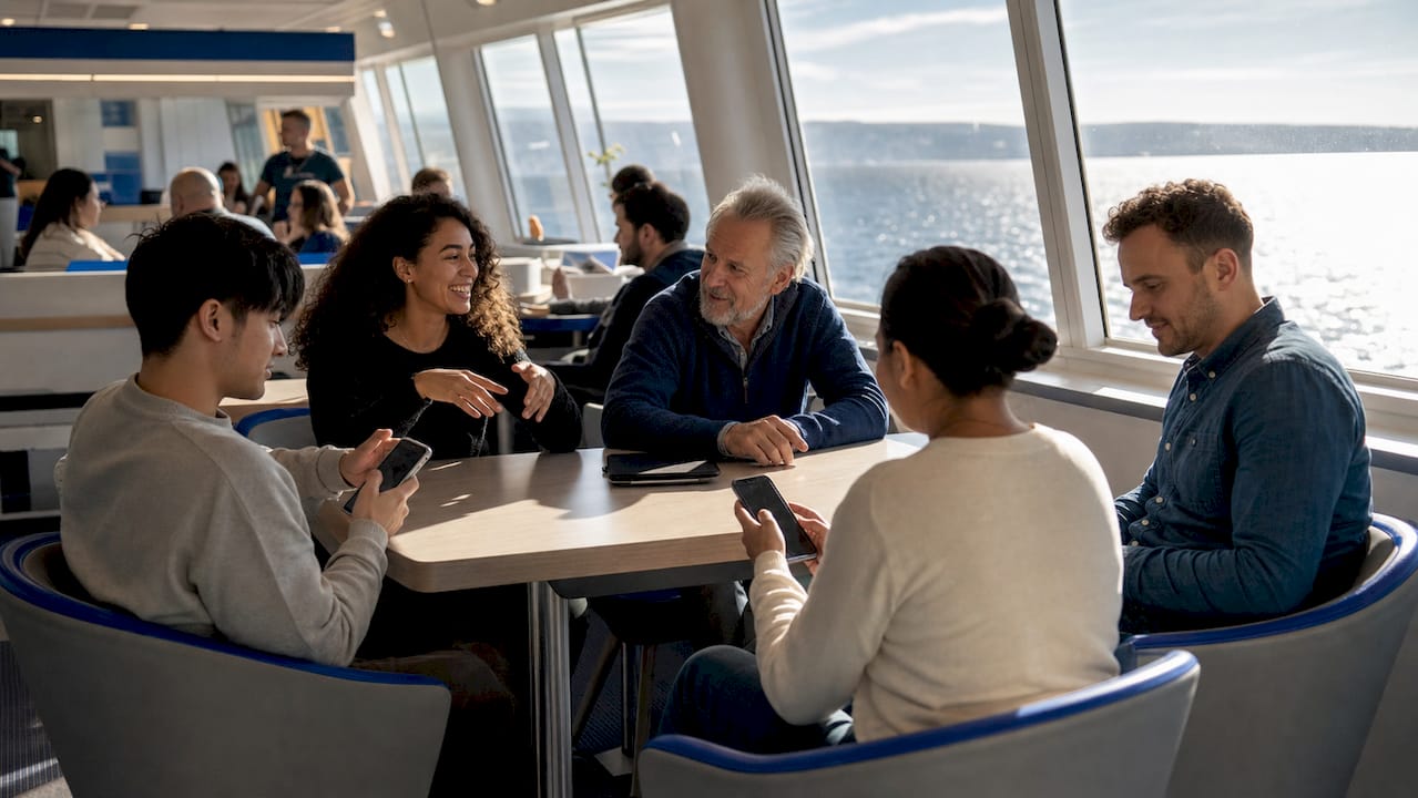 Tagsüber sitzen Fahrgäste auf dem Oberdeck der Fähre und surfen entspannt im WLAN.