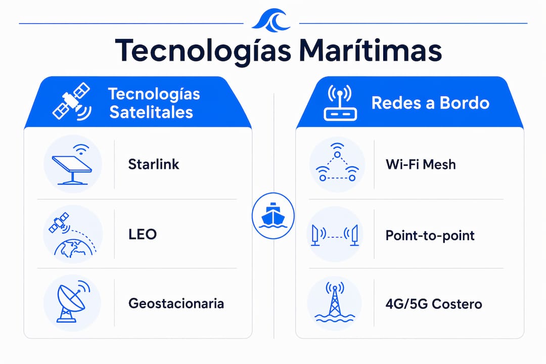 Infografía que analiza y compara las principales tecnologías de conexión marítima, destacando sus categorías y aspectos más relevantes.