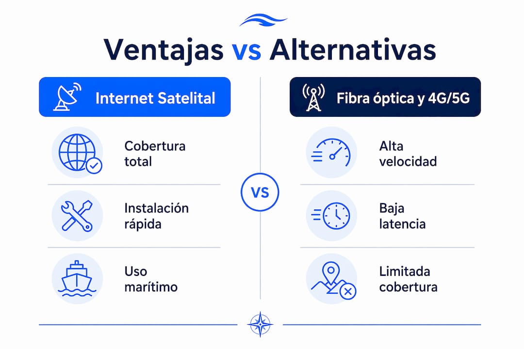 Comparativa visual entre internet satelital, fibra óptica y redes móviles 4G/5G