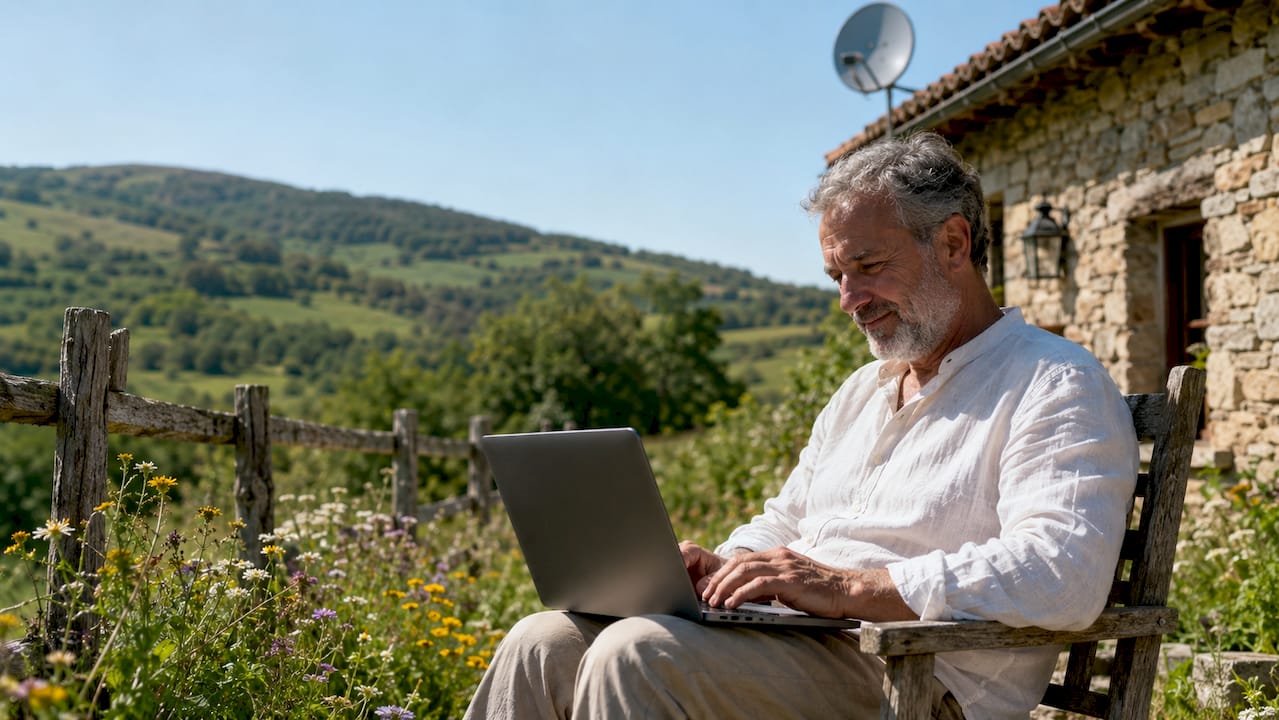 Persona que vive en una zona rural de montaña y se conecta a internet mediante satélite