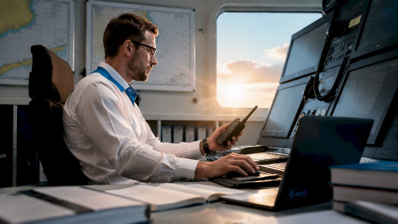 Technician monitoring hybrid satellite network onboard ship