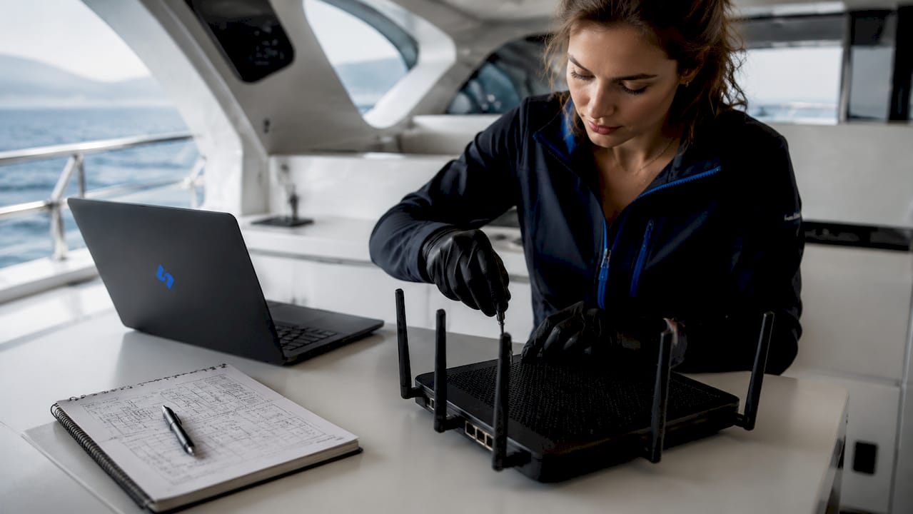 Réglage des antennes d’un routeur Wi-Fi 7 à bord, effectué à la main