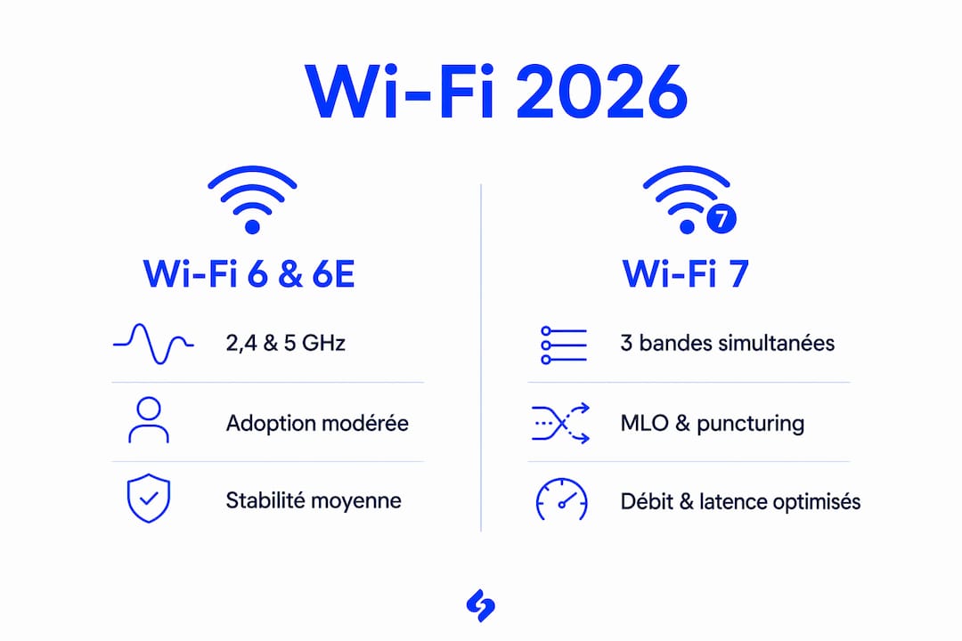 Découvrez notre infographie mettant en lumière les différences et atouts des technologies Wi-Fi 6/6E et Wi-Fi 7, pour vous aider à choisir la solution la mieux adaptée à vos besoins connectés.