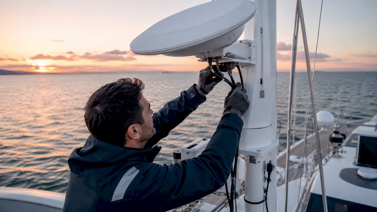 Especialista realizando ajustes en la antena satelital de una embarcación