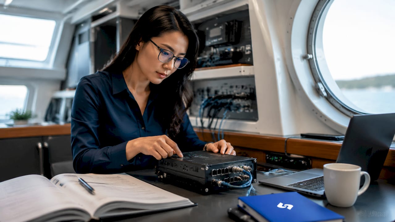 Des techniciens ajustent un routeur dans la salle de contrôle d’un navire.