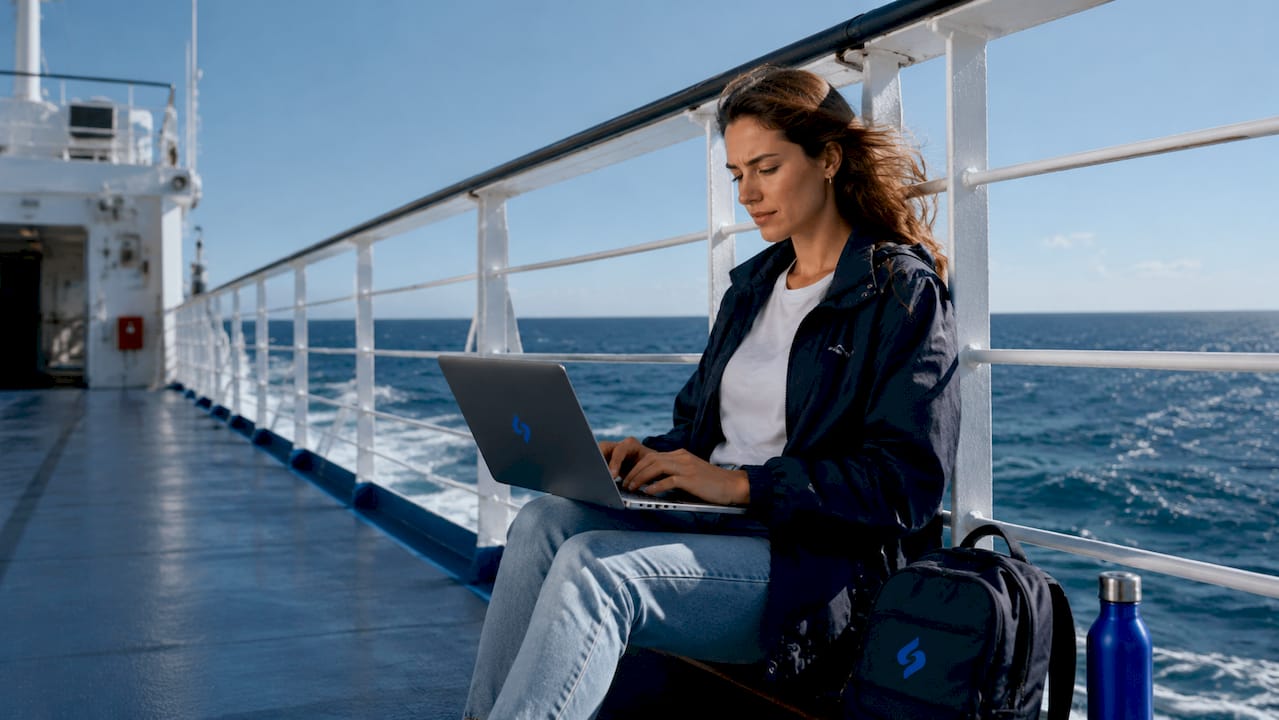 Crew member using onboard Wi-Fi in lounge