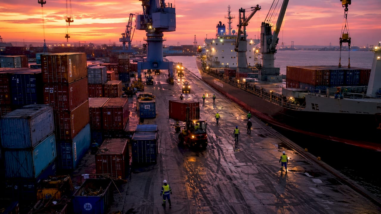 On aperçoit un port industriel en pleine activité, où cargos et grues s’affairent sans relâche.