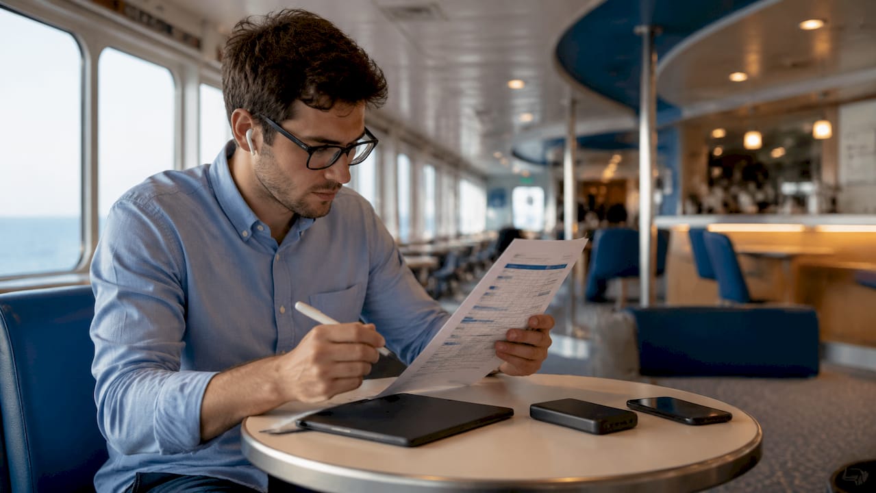 Man reviewing ferry work schedule checklist at seat
