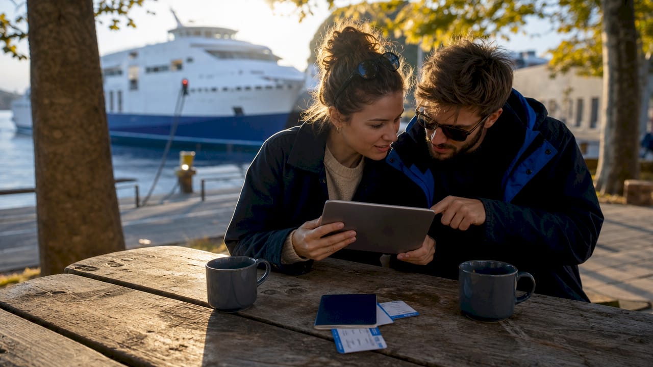 Una coppia organizza i propri viaggi utilizzando un tablet collegato a una rete Wi-Fi esterna.