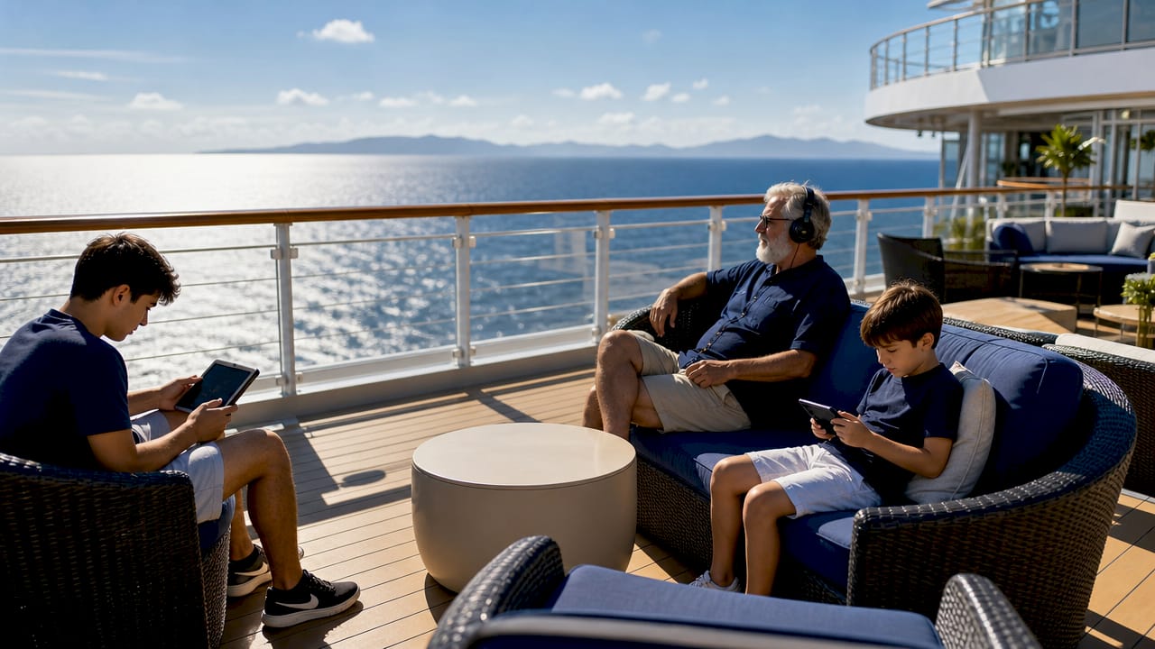 Viajeros disfrutando de sus dispositivos electrónicos en una sala de estar a bordo de un crucero