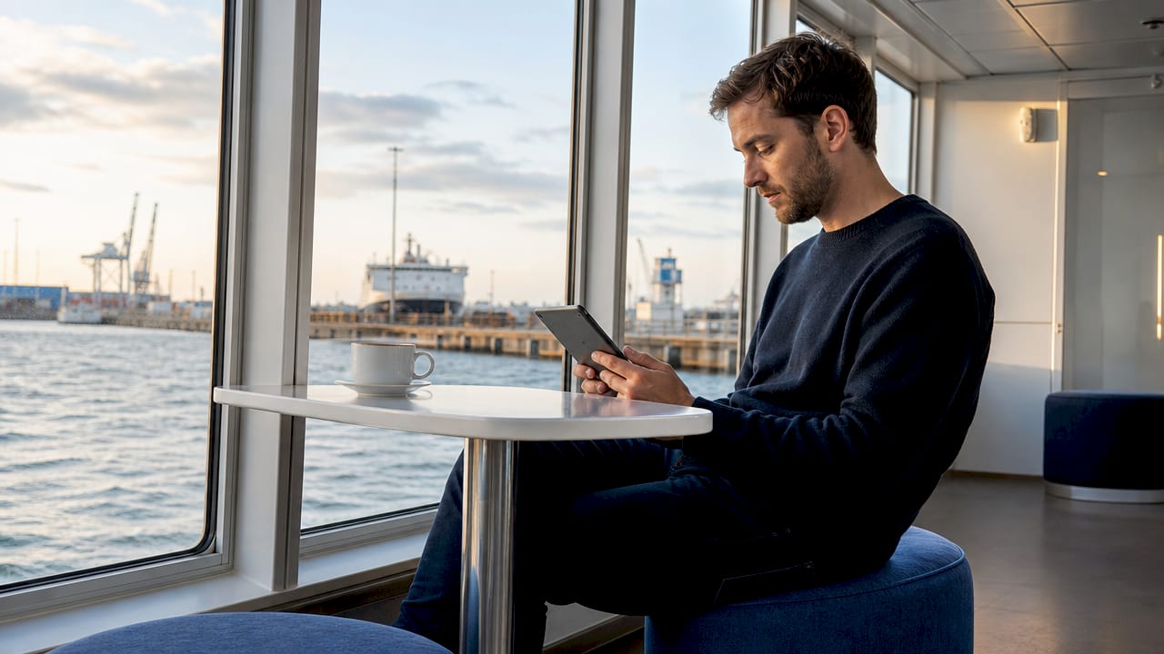 Ein junger Mann vertreibt sich die Zeit in der Fährlounge mit seinem Tablet.