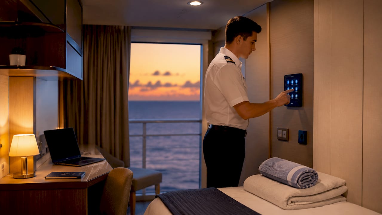 Crew member adjusting digital cabin controls