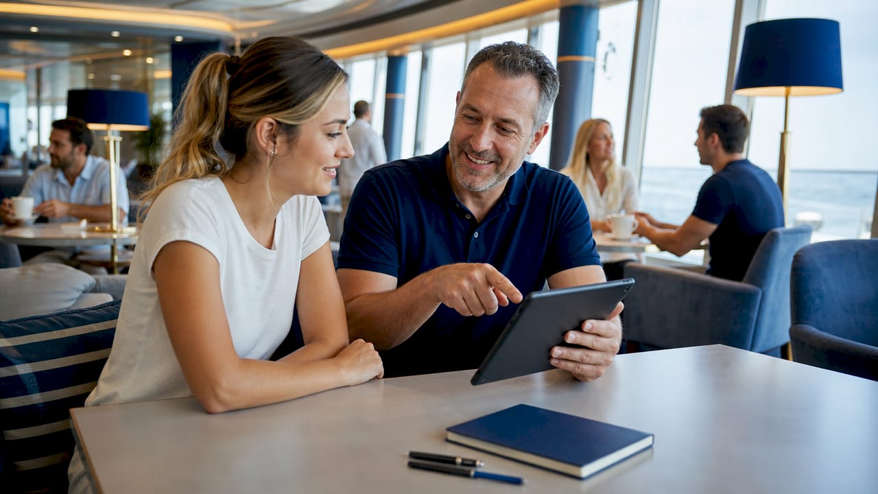 Gäste entdecken das digitale Infoportal an Bord des Kreuzfahrtschiffs.