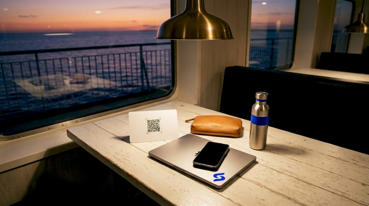Kit de voyage avec accessoires pour activer une eSIM, posé sur la table du ferry