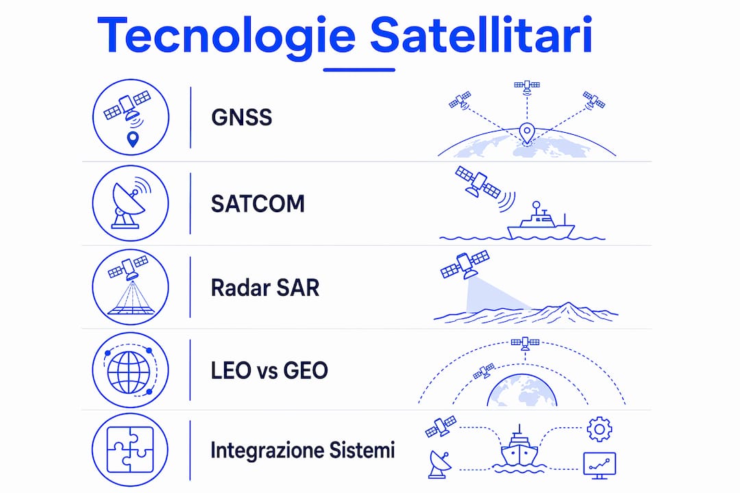Infografica dedicata alle principali tecnologie satellitari utilizzate a bordo delle navi