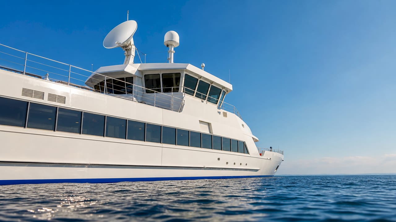 Dettaglio ravvicinato delle antenne satellitari installate a bordo della nave