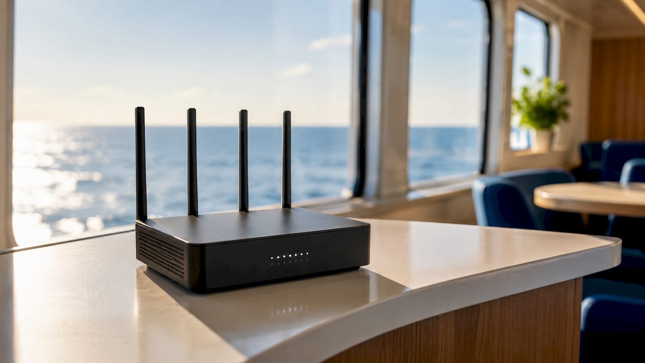 Des équipements Wi-Fi et des appareils satellite sont disponibles au comptoir près de la fenêtre donnant sur la mer.