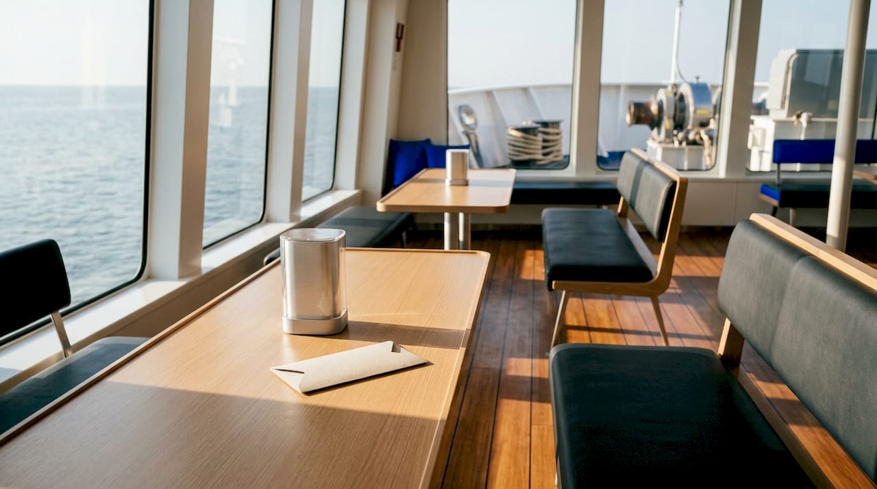 Sul tavolino della sala d’attesa sono appoggiati il router Wi-Fi del traghetto e il biglietto digitale.
