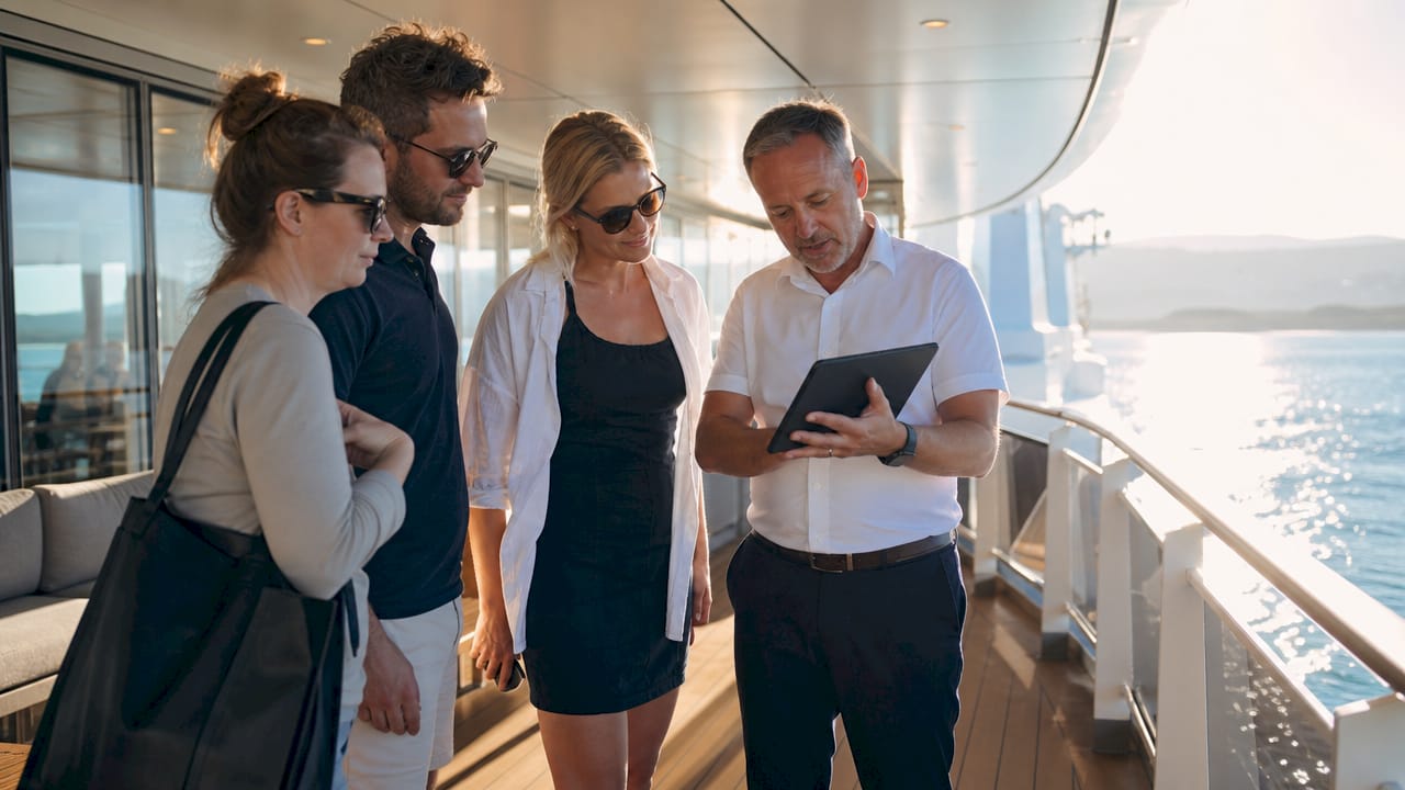 Das Bordpersonal zeigt den Gästen am Tablet, wie die digitalen Abläufe funktionieren.