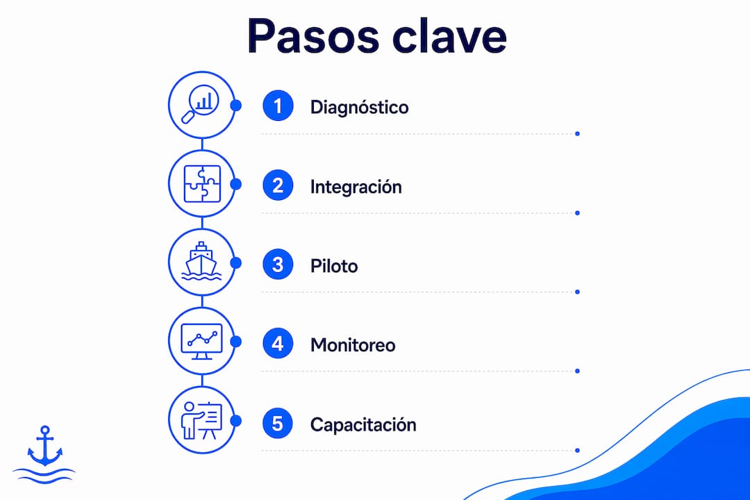 Infografía que detalla las etapas esenciales para mejorar la gestión de servicios digitales en el sector marítimo.