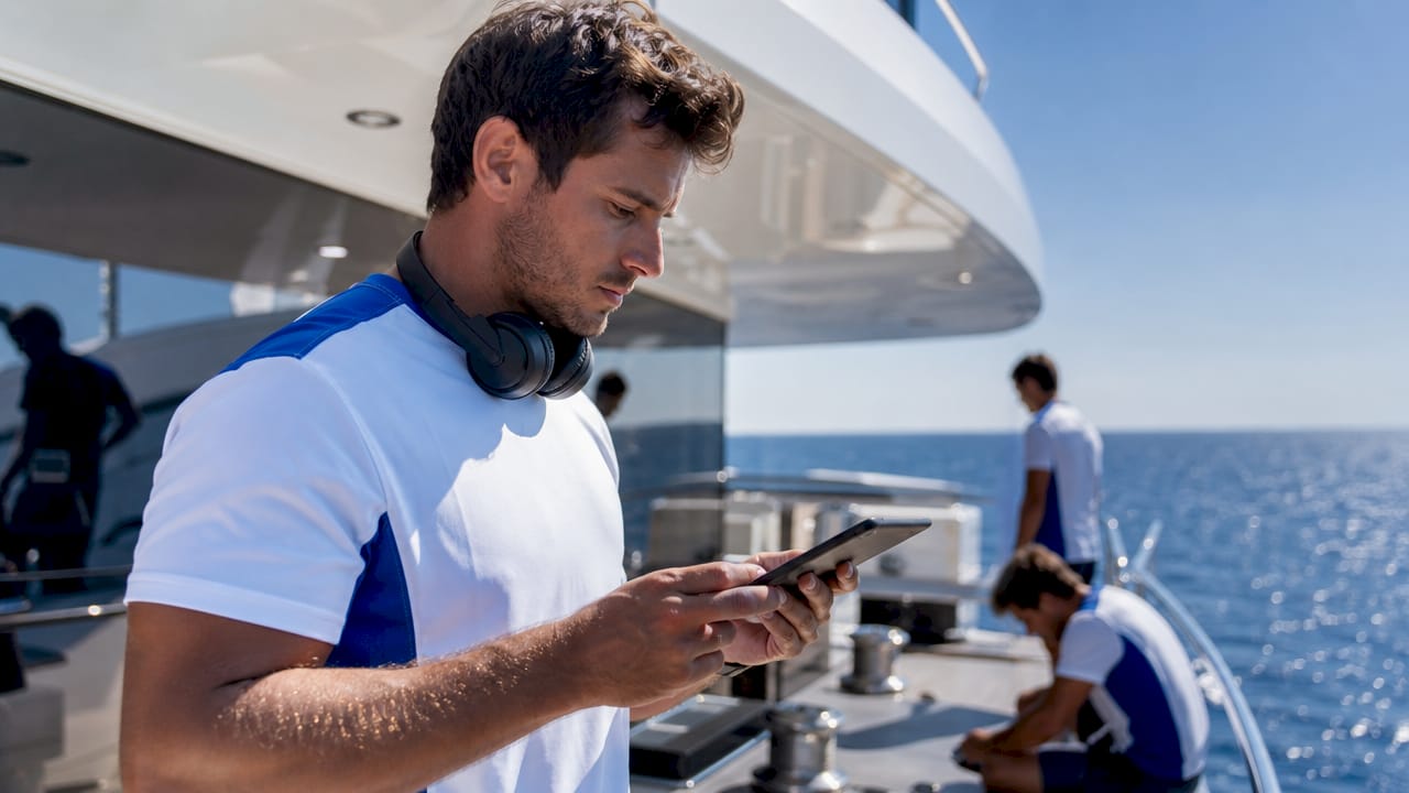 Un técnico revisa información en una tablet mientras trabaja en la sala de control de un barco.