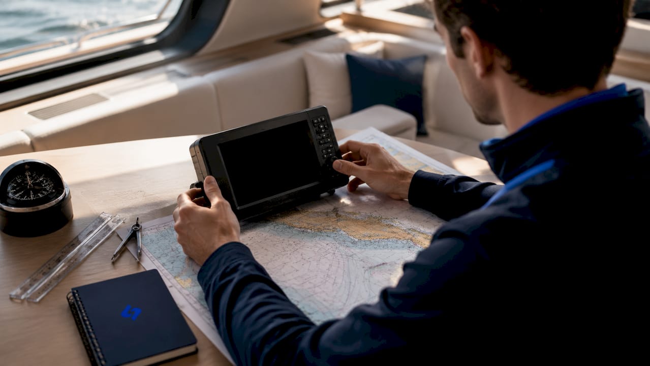 Des mains expertes en train de manier un instrument de navigation en mer