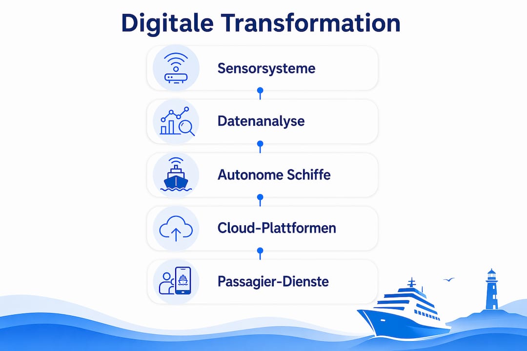 Übersichtsgrafik: So gelingt die digitale Transformation in der Schifffahrt – Schritt für Schritt