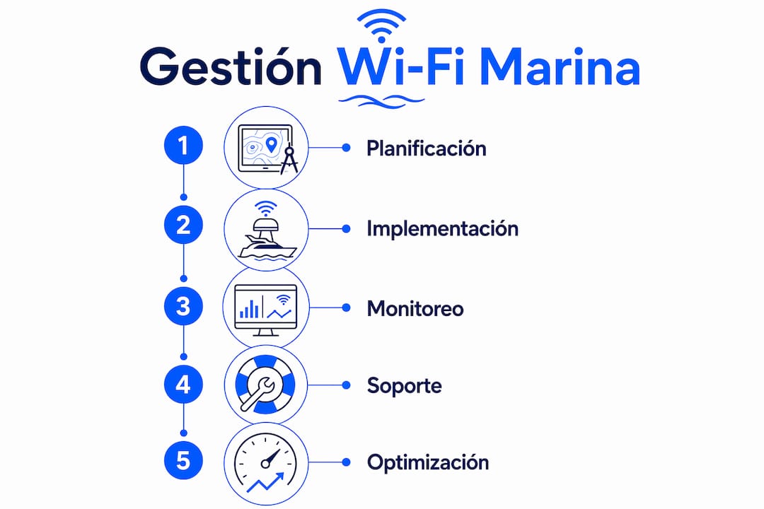 Infografía sobre las fases clave en la gestión de redes Wi-Fi a bordo de embarcaciones