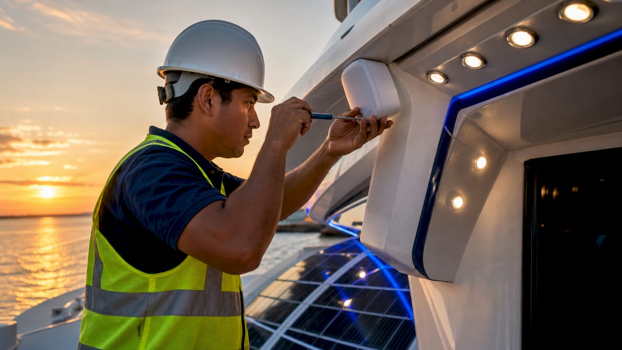 Especialista realizando la instalación de Wi-Fi en la cubierta de un barco