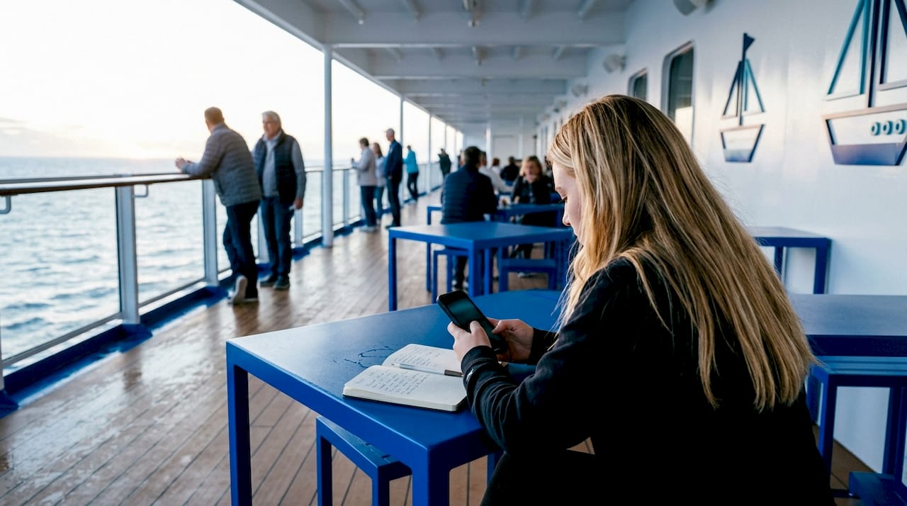 Eine Frau sitzt entspannt auf dem Deck eines Kreuzfahrtschiffs und nutzt ihr Smartphone.