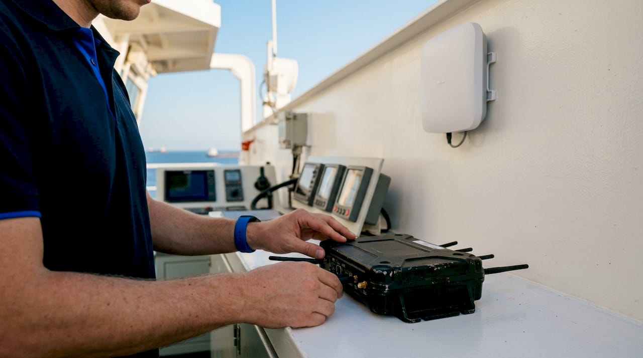 Tecnico al lavoro sulla configurazione del QoS su un dispositivo di rete a bordo nave
