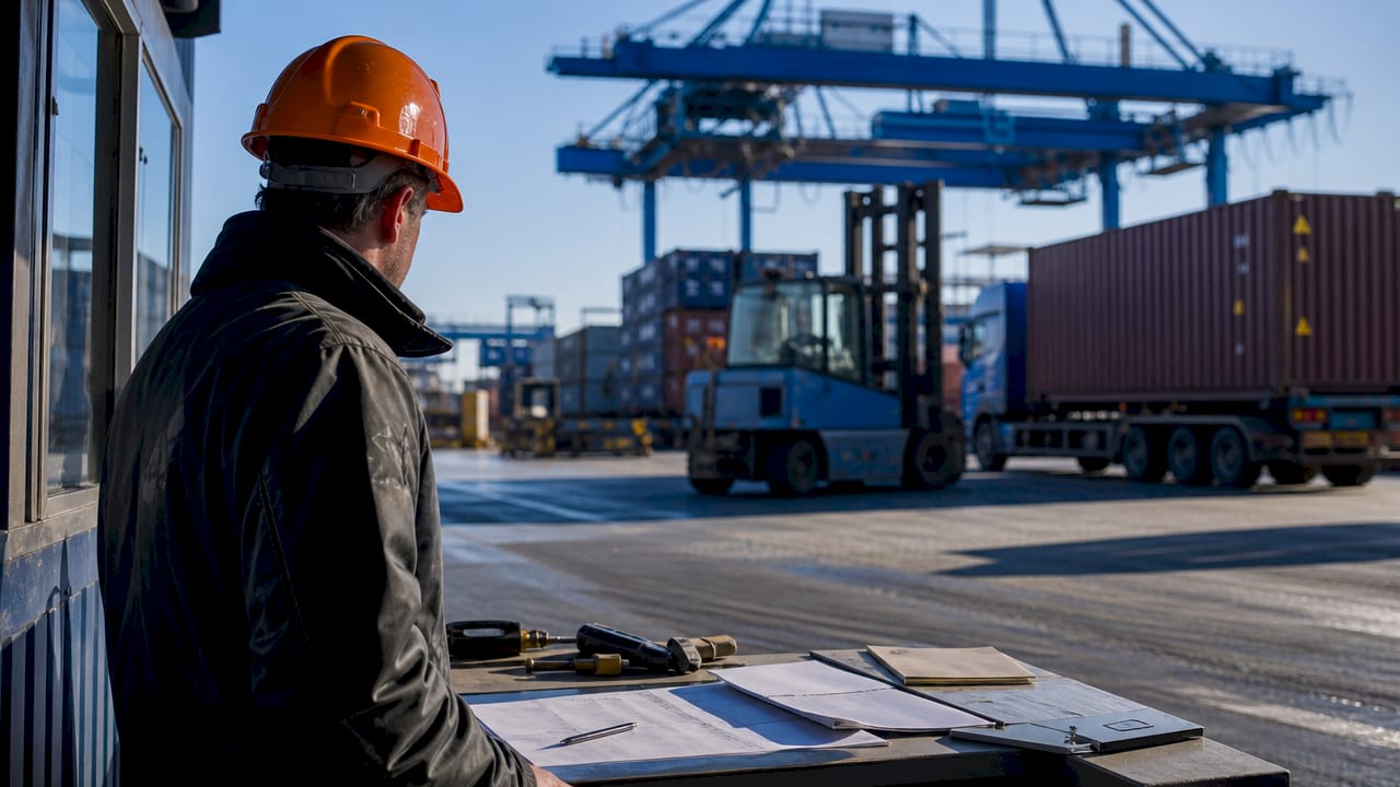 Ein technischer Angestellter überwacht die Containerabfertigung auf dem Terminal.