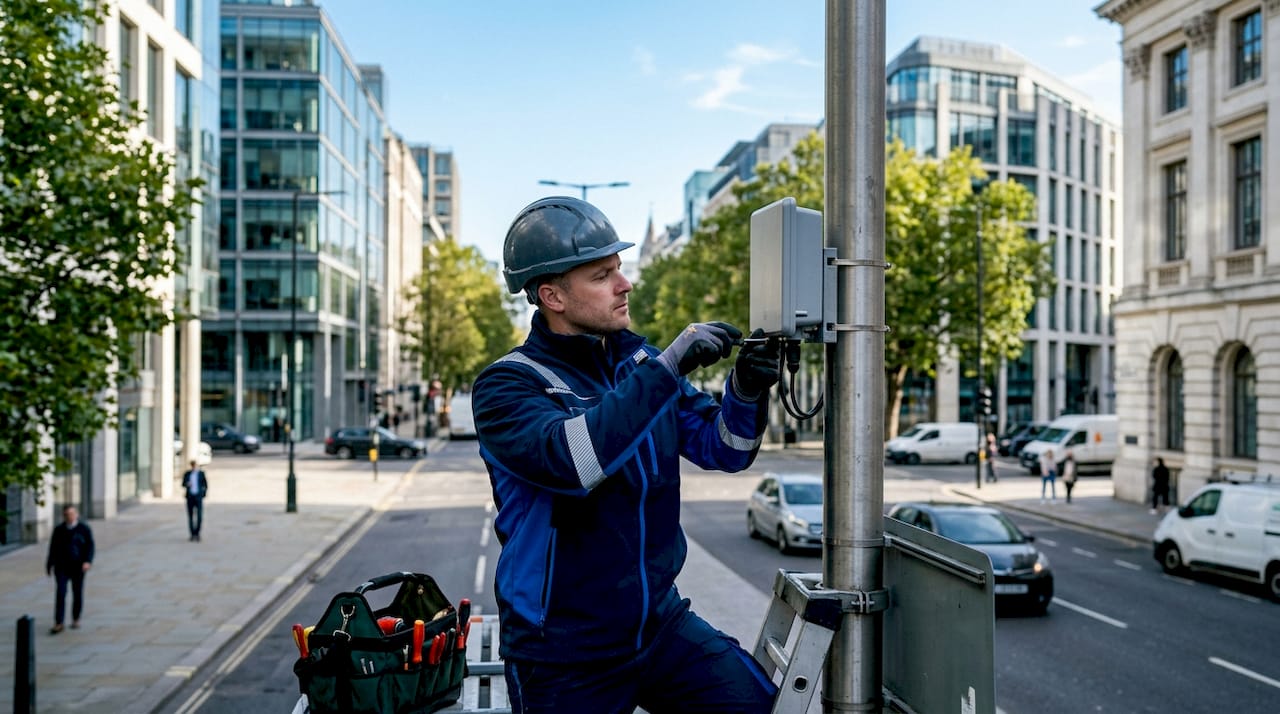 Especialista revisando una antena 5G en plena calle