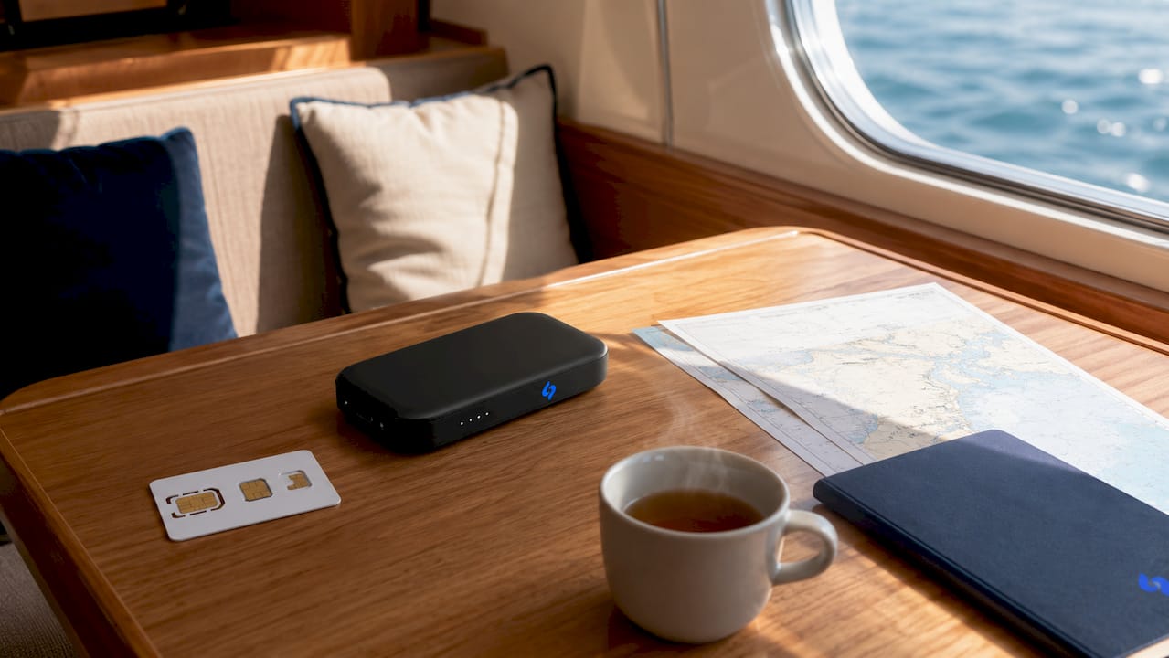 Gros plan sur des appareils connectés posés sur la table d’un yacht.
