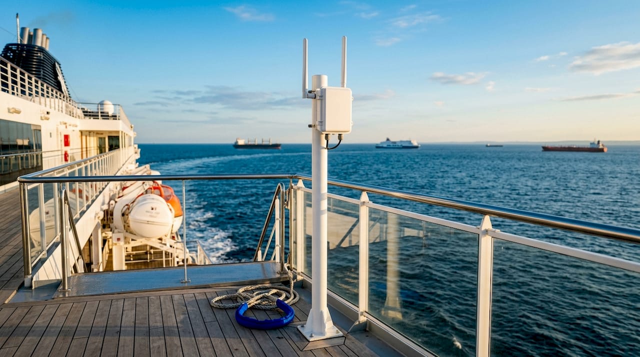 Antenna Wi-Fi marittima installata sul palo del ponte della nave
