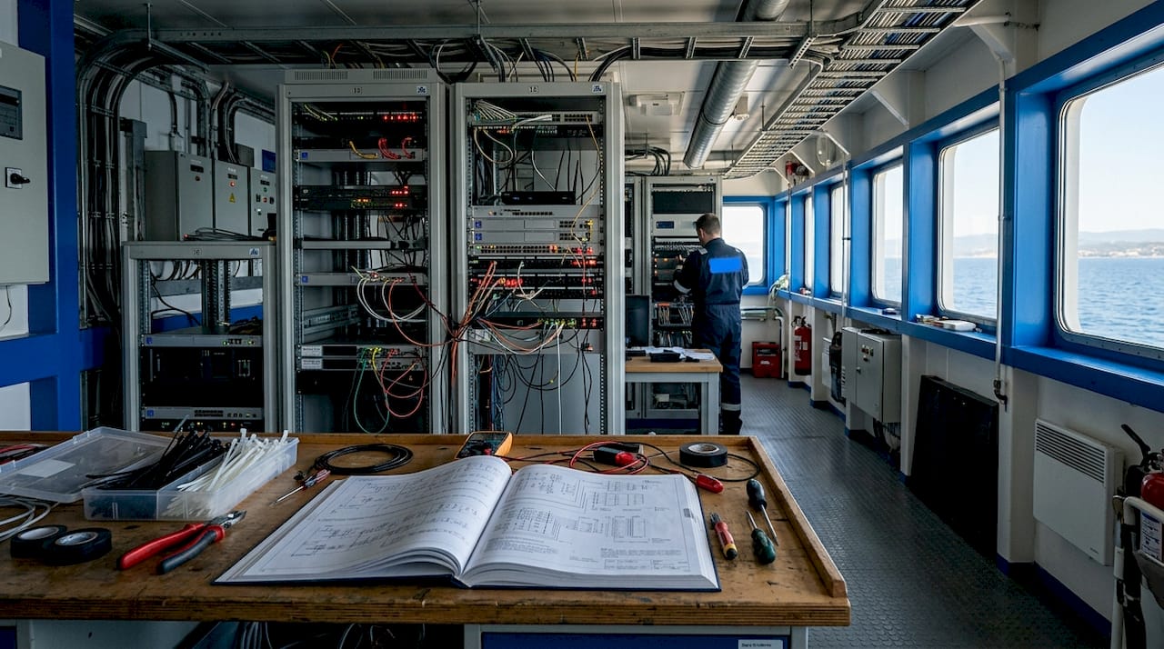 Im Technikbereich eines Kreuzfahrtschiffs befinden sich zahlreiche Netzwerkgeräte, die für den reibungslosen Betrieb der IT-Infrastruktur sorgen.