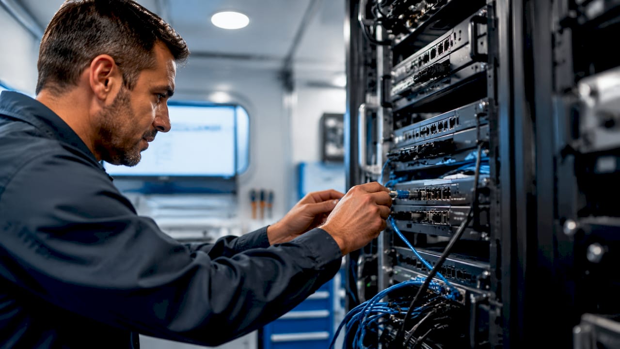 Technician hands working on cruise ship network hardware