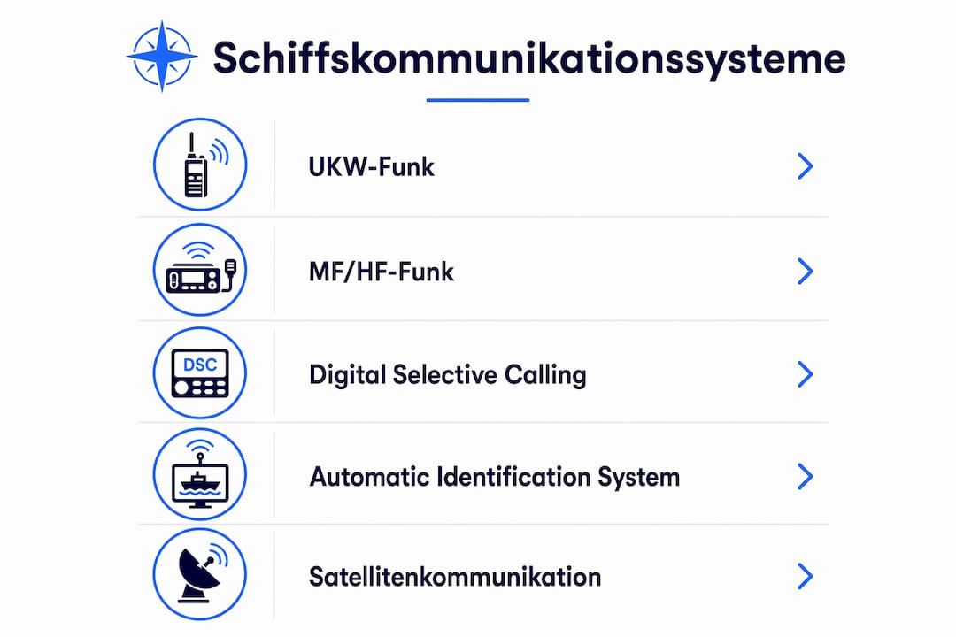 Grafische Übersicht der wichtigsten Kommunikationssysteme an Bord von Schiffen