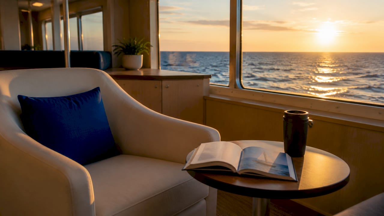 Co-living workspace aboard ferry with desk and laptop