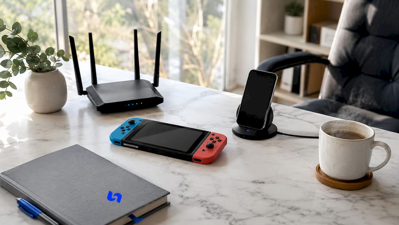 Des consoles de jeux portables soigneusement disposées sur un bureau bien organisé à la maison.
