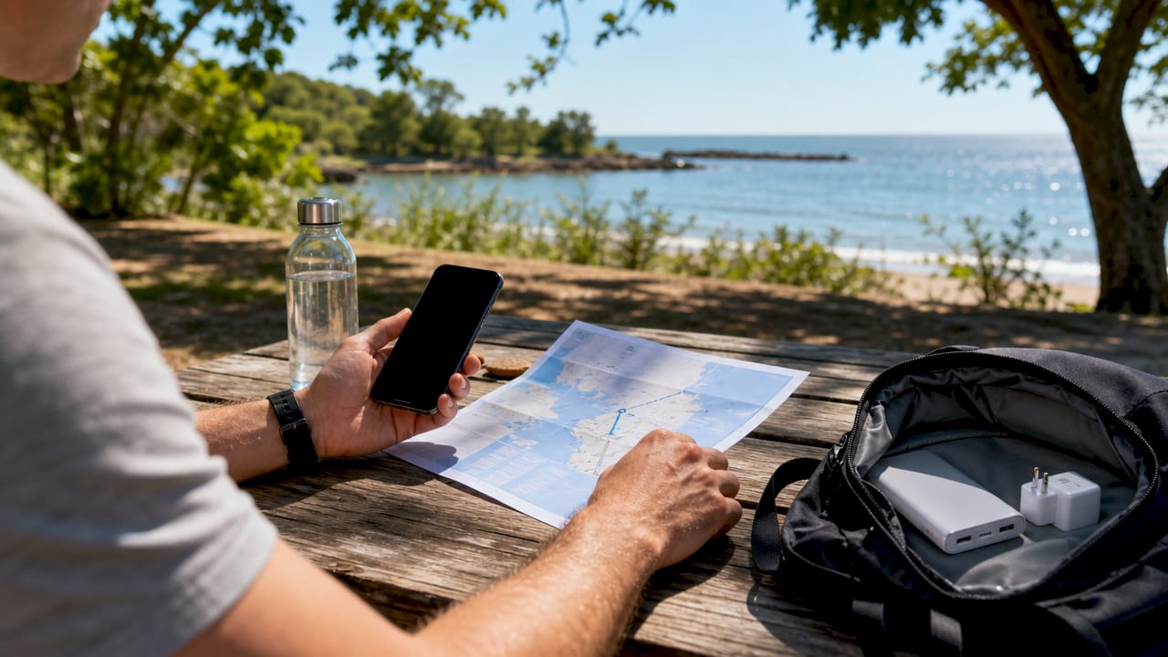 Manos sosteniendo un smartphone y un mapa descargado para usar sin conexión