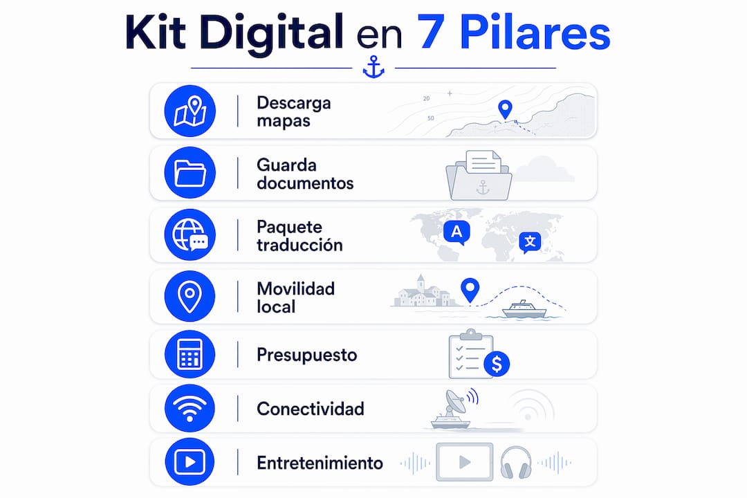 Infografía que presenta los 7 elementos clave del kit digital para organizar tus viajes
