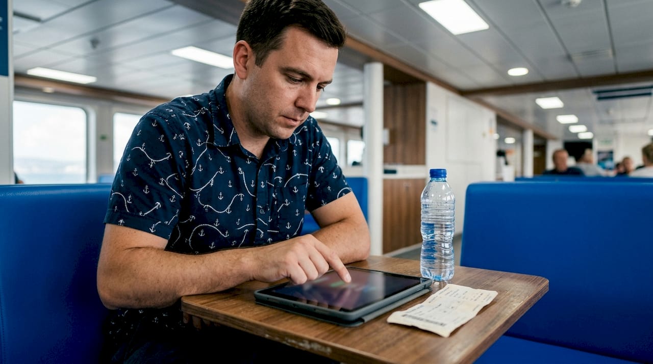 Unas manos eligen la forma de pago del wifi en la tablet del ferry