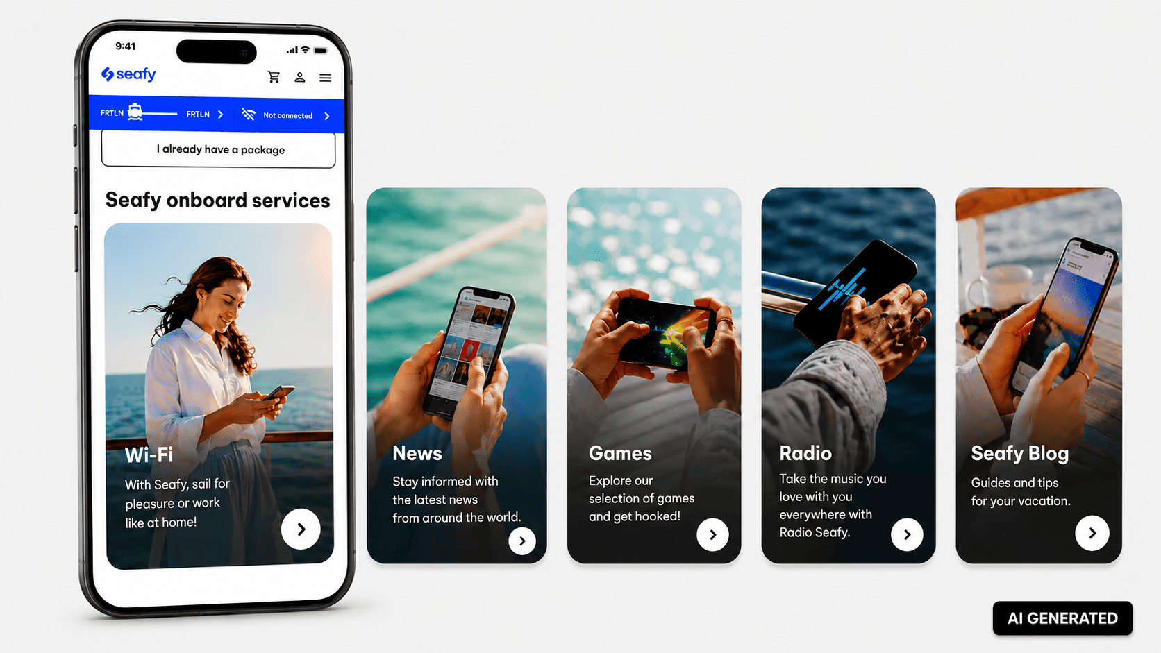 Seafy onboard services menu with Wi-Fi, news, games, radio, and blog